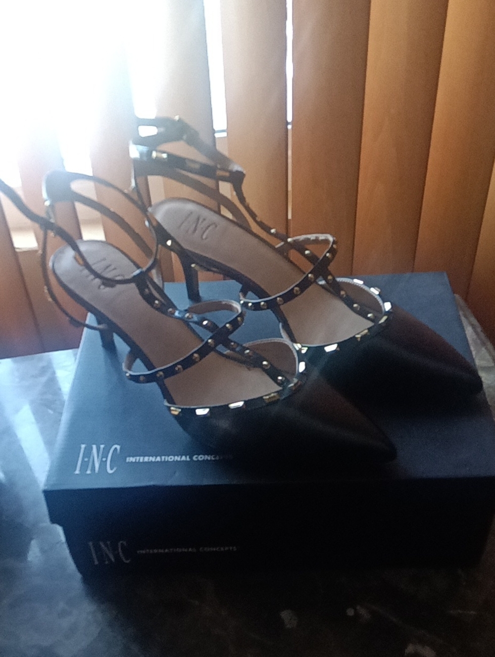 INC International Concepts Black Studded Strappy Pointed-Toe Heels
